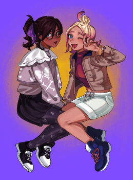 2girls black_skirt bone_print bow bow_print brown_hair brown_jacket cardigan character_request cropped_cardigan cropped_shirt dark-skinned_female dark_skin freckles full_body gradient_background gradient_hair hair_bow high_ponytail highres holding_hands interlocked_legs intertwined_legs jacket looking_at_viewer mega_ring mei_(manjunii) multicolored_hair multiple_girls nintendo one_eye_closed pantyhose patterned_legwear pink_cardigan pink_shirt pokemon pokemon_legends:_z-a ponytail purple_background purple_bow purple_pantyhose radial_gradient_background red_shirt ribbed_shirt semi-rimless_eyewear shirt shoes shorts shoulder_pads simple_background sitting skirt sneakers taunie_(pokemon) under-rim_eyewear white_shorts