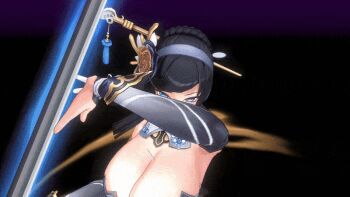 1girl 3d action_taimanin animated animated_gif ass attack breasts chinese_clothes curvy explosion full_body holding holding_weapon jumping lan_xiang_(action_taimanin) large_breasts looking_ahead looking_at_viewer polearm revealing_clothes ryona shiny_skin smile taimanin_(series) weapon wide_hips