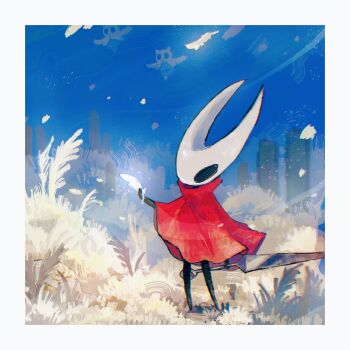 1girl arthropod_girl black_eyes black_skin blipbugbug cloak colored_skin driftlin_(hollow_knight) feathers flying full_body highres holding holding_weapon hollow_eyes hollow_knight hollow_knight:_silksong horned_mask hornet_(hollow_knight) horns in-universe_location mask needle_(hollow_knight) red_cloak standing weapon white_feathers white_mask