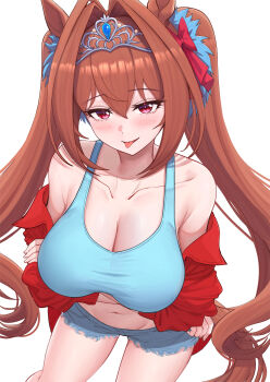 1girl alternate_costume animal_ears arms_under_breasts bare_shoulders blue_sports_bra blush bra breasts brown_hair casual cleavage closed_mouth clothing_cutout collarbone commentary_request crossed_arms cutoffs daiwa_scarlet_(umamusume) denim denim_shorts hair_between_eyes hair_intakes highres horse_ears horse_girl horse_tail large_breasts long_hair looking_at_viewer navel open_clothes open_shirt red_eyes red_shirt shirt short_shorts shorts simple_background smile solo sports_bra tail take978733141 tank_top textless_version thighs tiara tongue tongue_out twintails umamusume underwear very_long_hair white_background white_tank_top