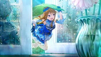 1girl blue_dress blue_eyes blue_gloves breasts brown_hair card_commentary commentary_request detached_sleeves dress fairy flower game_cg gloves hair_ornament idolmaster idolmaster_million_live! idolmaster_million_live!_theater_days leaf long_hair mini_person minigirl official_alternate_costume official_art open_mouth see-through_pantyhose sleeveless sleeveless_dress solo third-party_source tokoro_megumi vase wet wet_clothes wet_pantyhose window