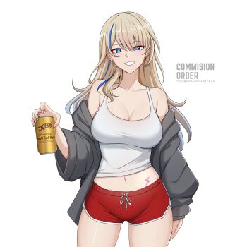 1girl alcohol alternate_costume beer beer_can blonde_hair blue_eyes blue_hair breasts can casual centauri-d cleavage commission cowboy_shot dolphin_shorts drink_can earrings highres honkai:_star_rail honkai_(series) jacket jewelry large_breasts lightning_bolt_tattoo long_hair looking_at_viewer multicolored_hair navel off-shoulder_jacket off_shoulder serval_landau shorts single_earring smile solo streaked_hair tank_top tattoo white_tank_top