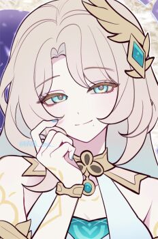 1girl aqua_eyes aqua_gem aria_(genshin_impact) bare_shoulders blonde_hair blue_nails body_markings bracelet closed_mouth commentary_request gem genshin_impact hair_ornament hana_cms hand_up highres jewelry korean_commentary long_hair looking_at_viewer mole mole_under_mouth portrait smile solo twitter_username