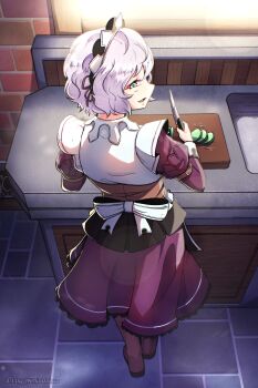 1girl absurdres back_bow bob_cut bow commission cucumber cucumber_slice cutting_board dress eiyuu_densetsu english_text food from_behind full_body green_eyes highres holding holding_food holding_knife holding_vegetable indoors kitchen kitchen_knife knife kuro_no_kiseki_(series) kuro_no_kiseki_i long_sleeves looking_at_viewer maid maid_headdress mixed-language_commentary ninjadalua parted_lips puffy_long_sleeves puffy_sleeves purple_hair sharon_kreuger short_hair smile solo vegetable watermark