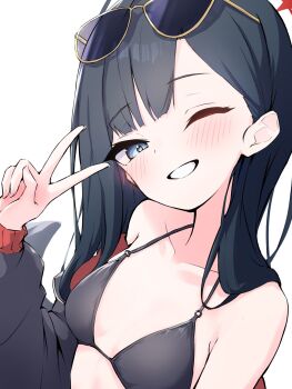 1girl bikini black_bikini black_hair blue_archive blue_eyes blunt_bangs blush breasts cleavage collarbone eyewear_on_head grin half-closed_eye halterneck head_tilt highres ichika_(blue_archive) ichika_(swimsuit)_(blue_archive) long_hair long_sleeves meluwow one_eye_closed simple_background small_breasts smile solo sunglasses swimsuit upper_body v white_background