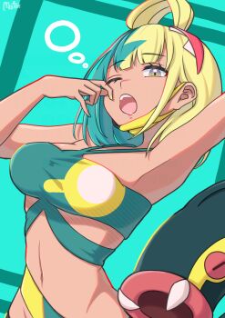 1girl absurdres armpits bandeau blonde_hair blue_eyes bob_cut breasts canari_(pokemon) commentary_request criss-cross_straps eelektross gen_5_pokemon green_bandeau green_hair hair_down hairband halterneck highres mask mask_pull medium_breasts mochitaro_(mothitaroo) mouth_mask multicolored_hair navel nintendo one_eye_closed open_mouth pink_hairband pokemon pokemon_(creature) pokemon_legends:_z-a split-color_hair squeans stomach teeth two-tone_hair two-tone_mask yawning yellow_mask