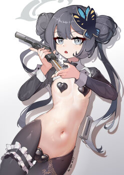 1girl absurdres alternate_costume artist_name black_bow black_bowtie black_hair black_shrug blue_archive bow bowtie breasts butterfly_hair_ornament chinese_commentary commentary double_bun dragon_print frilled_thigh_strap grey_eyes grey_halo gun hair_bun hair_ornament halo handgun hands_up heart_maebari heart_pasties highres holding holding_gun holding_weapon kisaki_(blue_archive) loli long_hair long_sleeves looking_at_viewer maebari navel open_mouth pasties reloading reverse_bunnysuit reverse_outfit shiny_skin shrug_(clothing) sleeve_cuffs small_breasts solo thigh_strap twintails very_long_hair weapon wrist_cuffs xg_epee