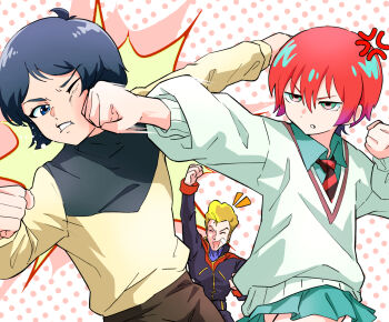 1girl 2boys alternate_universe amate_yuzuriha anger_vein arm_up bandaid battle black_hair blonde_hair blue_eyes blue_scarf commentary_request crossover duel green_eyes gundam gundam_gquuuuuux guppi_(artist) highres in-franchise_crossover injury jerid_messa kamille_bidan martial_arts multiple_boys necktie parody polka_dot polka_dot_background pompadour punching red_hair scarf school_uniform skirt sweater titans_(gundam) zeta_gundam