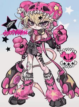 1other amatou_akuma androgynous animal_ears animal_hands bandage_on_leg bear_hat belt belt_charm black_belt black_eyeshadow blonde_hair blood charm_(object) claws demon_tail eyelashes eyeshadow fake_animal_ears fang fashion flipped_hair frown fur_leg_warmers gloves gradient_background grey_eyes grey_shorts hair_between_eyes hat headphones highres leg_tattoo leg_warmer_chain leg_warmers looking_at_viewer makeup original other_focus paw_gloves pink_gloves pink_hat pink_leg_warmers pink_scarf pink_tail scarf shirt short_hair shorts simple_background skull sleeveless sleeveless_shirt slit_pupils solo staple star_(symbol) stuffed_animal stuffed_toy tail tattoo teddy_bear wallet_chain white_shirt yabi_fashion