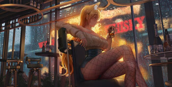 Rule 34 | 1girl, blonde hair, blue skirt, bottle, breasts, closed mouth, commentary request, cropped sweater, crossed legs, cup, fishnet pantyhose, fishnets, from side, glass, green eyes, hair ornament, hairclip, high-waist skirt, highres, holding, holding cup, indoors, large breasts, long hair, long sleeves, miniskirt, original, pantyhose, profile, raidriar 18, rain, scenery, sitting, skirt, sleeves past wrists, solo, sweater, very long hair, white sweater, window