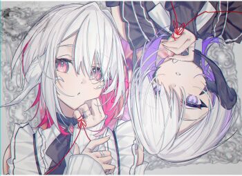 2girls au_ra black_dress colored_inner_hair dragon_girl dragon_horns dress final_fantasy final_fantasy_xiv horns jewelry looking_at_viewer motsuni_(lxxe1120) multicolored_hair multiple_girls pink_hair purple_eyes purple_hair red_eyes ring scales string string_of_fate string_on_pinky two-tone_hair warrior_of_light_(ff14) white_dress white_hair