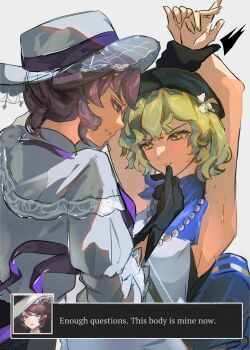 Rule 34 | 2girls, black gloves, blonde hair, blue neckerchief, bow, bowtie, brown hair, brume (reverse:1999), dialogue box, english text, felicienne (reverse:1999), gloves, hand on another's chin, hat, highres, holding another's wrist, jutyonduty, multiple girls, neckerchief, newsboy cap, purple bow, purple bowtie, purple eyes, reverse:1999, short hair, sweat, tank top, white hat, white tank top, yellow eyes, yuri