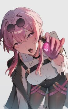 1girl all_fours black_jacket black_pantyhose black_shorts breasts candy chest_harness commentary_request eyewear_on_head food glasses gloves grey_background harness high-waist_shorts highres holding holding_candy holding_food honkai:_star_rail honkai_(series) jacket jacket_on_shoulders kafka_(honkai:_star_rail) lei_(yamada4173) looking_at_viewer medium_breasts open_mouth pantyhose pince-nez purple_eyes purple_gloves purple_hair reaching reaching_towards_viewer round_eyewear shirt shorts solo white_shirt