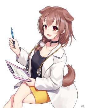 Rule 34 | 1girl, absurdres, alternate costume, animal ears, artist name, black choker, black shirt, blush, breasts, brown eyes, brown hair, brown tail, choker, clipboard, commentary request, crossed legs, dated, doctor, dog ears, dog girl, dog tail, double-parted bangs, extra ears, hair between eyes, hair ornament, hair over shoulder, highres, holding, holding pen, hololive, inugami korone, invisible chair, lab coat, long hair, looking at viewer, low side ponytail, medium breasts, miniskirt, o-ring, o-ring choker, official alternate hairstyle, open mouth, pen, pencil skirt, pendant choker, pom pom (clothes), pom pom hair ornament, shirt, signature, simple background, sitting, skirt, smile, solo, stethoscope around neck, tail, transparent background, traveler (artbbt), virtual youtuber, yellow skirt