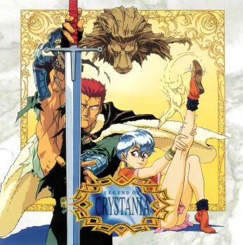 1990s_(style) 1boy 1girl arm_up cape copyright_name fingerless_gloves fuuin_densetsu_crystania gloves holding holding_sword holding_weapon houtani_yukitoshi knee_up leg_hold leg_up looking_at_viewer muscular muscular_male non-web_source official_art outstretched_arm red_eyes retro_artstyle short_hair sitting sword torn_clothes tunic weapon