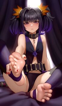 1girl absurdres belt black_choker blush bracelet braid cameltoe choker commission curtains feet flower frown hair_flower hair_ornament hand_on_own_foot highres jewelry kairunoburogu looking_at_viewer micro_shorts mole mole_under_eye nail_polish purple_eyes purple_hair red_nails revealing_clothes shorts sideless_outfit sitting soles solo stirrup_footwear symonne_(tales) tales_of_(series) tales_of_zestiria thighhighs twintails