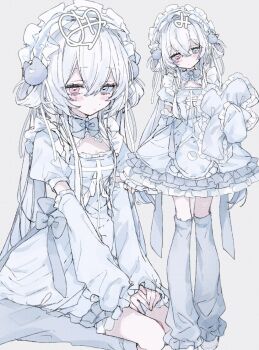 1girl blue_bow blue_dress blue_leg_warmers blush bow cleavage_cutout closed_mouth clothing_cutout commentary detached_sleeves dot_mouth dress frilled_dress frills grey_background hair_between_eyes hair_ornament head_tilt heterochromia holding holding_pillow leg_warmers lolita_fashion long_hair looking_at_viewer maid_headdress mi_398 multiple_views original pillow simple_background symbol-only_commentary tenshi_kaiwai two_side_up white_hair