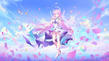 1girl absurdres bare_shoulders blue_hair blue_sky breasts closed_mouth commentary cyrene_(honkai:_star_rail) cyrene_(ripples_of_past_reverie)_(honkai:_star_rail) day dress earrings ermu_(enmmm) flower gradient_hair hair_flower hair_ornament halo halo_behind_head hand_up high_heels highres honkai:_star_rail honkai_(series) jewelry large_breasts long_hair looking_at_viewer multicolored_hair offering_hand outdoors pink_eyes pink_hair pink_petals pointy_ears purple_flower purple_rose ripples rose shoes single_earring sky smile solo standing very_long_hair white_dress white_shoes wind