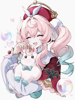1girl absurdres animal beret bubble closed_eyes crown drill_hair gradient_hair hat heart highres holding holding_animal honkai:_star_rail honkai_(series) hyacine_(honkai:_star_rail) little_ica_(honkai:_star_rail) mini_crown multicolored_hair nirako_mona pink_hair red_hat simple_background smile teeth tongue twin_drills upper_teeth_only white_background