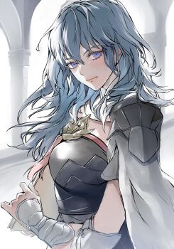 1girl armor black_armor blue_hair cape closed_mouth female_byleth_(fire_emblem) fire_emblem fire_emblem:_three_houses grey_cape hair_between_eyes head_tilt highres holding long_hair looking_at_viewer nintendo purple_eyes smile solo zat_296