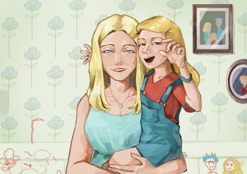2girls absurdres aged_down aqua_dress beth_smith blonde_hair blue_eyes blue_overalls bracelet brown_eyes carrying child child&#039;s_drawing child_carry crayon_drawing diane_sanchez dress grin hair_ornament hairclip highres jewelry long_hair looking_at_viewer mother_and_daughter multiple_girls necklace overalls portrait_(object) red_lips red_shirt rick_and_morty rick_sanchez shirt smile user_eddz3383