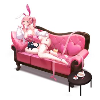 1girl 1other ace_(playing_card) ace_of_hearts animal animal_ears animal_on_lap anklet artist_request blunt_bangs bow bowtie breasts cake cake_slice candy candy_hair_ornament card cat cat_on_lap chipy cleavage collar couch cream cream_on_leg cup cushion detached_collar dice fake_animal_ears fishnets food food-themed_hair_ornament fruit game_asset hair_ornament hair_tie heart heart-shaped_pillow heart_hair_ornament high_heels highres holding holding_candy holding_food holding_lollipop hoshimiya_kana hoshimiya_kana_(strawberry_daiquiri) jewelry large_breasts leotard lollipop long_hair looking_at_viewer lying non-web_source official_alternate_costume on_couch on_cushion on_lap on_side pillow pink_anklet pink_bow pink_bowtie pink_eyes pink_hair pink_leotard pink_nails pink_ribbon pink_shoes plate playboy_bunny playing_card poker_fate rabbit_ears ribbon self-datamine shoes sideboob single_shoe solo_focus star-shaped_pillow star_ornament strawberry strawberry_cake strawberry_slice striped_bow striped_bowtie striped_clothes table tea teacup thigh_strap tongue tongue_out transparent_background twintails white_collar wooden_table