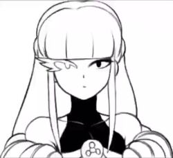 1boy animated asymmetrical_eyes bare_shoulders blinking bodysuit braid closed_mouth covered_collarbone demi_(dizzyspells) dizzyspells eyelashes facing_viewer feminine jitome long_hair looking_at_viewer male_focus monochrome open_mouth original shawl sidelocks sleeveless sound symbol tagme talking trap upper_body video