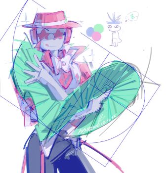 2boys :q black_pants chance_(forsaken) closed_mouth collared_shirt cowboy_shot fedora forsaken_(roblox) golden_spiral hat headphones highres holding holding_money itrapped_(roblox) kirbo looking_at_viewer money multiple_boys pants red-tinted_eyewear red_hat red_shirt roblox shirt smile star-shaped_eyewear star_(symbol) sunglasses tinted_eyewear tongue tongue_out vest white_vest