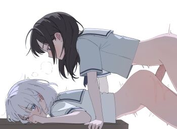 2girls bang_dream! bang_dream!_it's_mygo!!!!! black_hair blue_eyes blue_shirt bottomless breasts chinese_commentary commentary_request futa_with_female futanari kaname_raana long_hair mole mole_under_eye multiple_girls penis pokoroo09637184 purple_eyes sailor_collar sex shiina_taki shirt short_sleeves simple_background sweat white_background white_sailor_collar yellow_eyes
