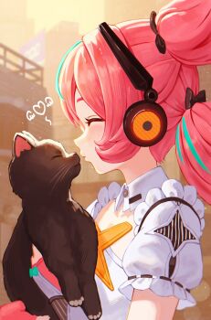 1girl absurdres animal aqua_hair aqua_streaks black_bow black_cat bow breasts building cat closed_mouth commentary dress english_commentary fingerless_gloves frilled_sleeves frills from_side gloves hair_bow highres holding holding_animal holding_cat inky_(zenless_zone_zero) multicolored_hair outdoors pink_gloves pink_hair small_breasts streaked_hair upper_body white_dress winged_heart yamisroot yutane_johiel zenless_zone_zero