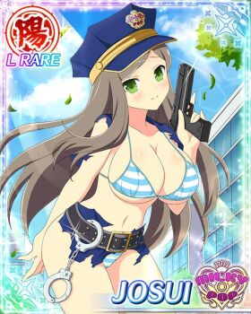 1girl belt blue_coat border bra breasts brown_hair card_(medium) character_name cleavage coat cuffs english_text frown game_cg green_eyes gun handcuffs handgun hat holding holding_gun holding_weapon josui_(senran_kagura) large_breasts long_hair navel official_alternate_costume official_art panties police police_hat police_uniform policewoman senran_kagura senran_kagura_new_wave solo striped_bra striped_clothes striped_panties swept_bangs torn_clothes trigger_discipline underwear weapon