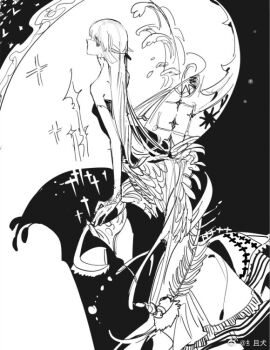 1girl bare_shoulders black_background bridal_gauntlets chinese_commentary commentary_request feathers feet_out_of_frame frilled_skirt frills from_behind greyscale hair_ribbon long_hair long_skirt looking_at_viewer looking_back monochrome original ribbon seika_(osbuzr) shirt skirt solo sparkle straight_hair strapless strapless_shirt tall two-tone_background very_long_hair watermark waves weibo_watermark white_background