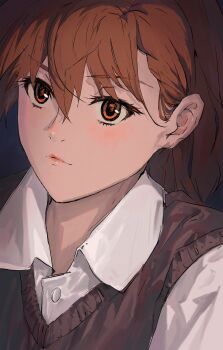 1girl absurdres blush brown_eyes brown_hair brown_vest collared_shirt expressionless facing_viewer feitu233 hair_between_eyes highres misaka_mikoto portrait shirt solo sparkling_eyes toaru_kagaku_no_railgun toaru_majutsu_no_index upper_body vest white_shirt