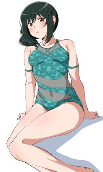 1girl absurdres armpit_crease bare_shoulders blush breasts commentary fang green_hair green_one-piece_swimsuit highres looking_at_viewer love_live! love_live!_nijigasaki_high_school_idol_club medium_breasts medium_hair mifune_shioriko mifune_shioriko_(kujibikido_swimsuit) official_alternate_costume one-piece_swimsuit parted_lips red_eyes see-through_clothes see-through_one-piece_swimsuit side_ponytail sidelocks simple_background sitting solo swimsuit uchuu_no_mozuku white_background