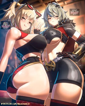 2girls 3d absurdres artist_name ass black_tube_top blonde_hair burnice_white caesar_king_(zenless_zone_zero) crop_top english_text eyewear_on_head from_below fur_trim green_hair highres mika_dawn multiple_girls paid_reward_available patreon_logo prosthesis prosthetic_arm red-tinted_eyewear red_eyes smile spiked_belt strapless sunglasses thighs tinted_eyewear tongue tongue_out tube_top yellow_eyes zenless_zone_zero