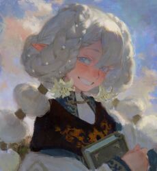 Rule 34 | 1girl, blue eyes, blush, book, cloud, creamyghost, flower ornament, grin, highres, holding, holding book, looking to the side, original, pearl hair ornament, pointy ears, portrait, smile, solo, white hair