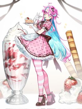 Rule 34 | 1girl, @ (symbol), ahoge, apron, back bow, belt, blue hair, bow, bowtie, bright pupils, brown belt, brown bow, brown bowtie, brown dress, brown shoes, cake, cake slice, cheek tattoo, churro, colored inner hair, commentary request, corrupted twitter file, cup, double-parted bangs, dress, eating, elbow gloves, food, fork, frilled apron, frilled gloves, frilled sleeves, frills, fruit, full body, glass, gloves, hair between eyes, hair bow, heart, heart ahoge, heart print, high heels, highres, holding, holding fork, holding plate, leaning back, long hair, looking at viewer, mary felizola, milkshake, multicolored hair, original, pantyhose, parted lips, petticoat, pink dress, pink eyes, pink hair, pink pantyhose, plate, puffy short sleeves, puffy sleeves, reney (mary felizola), shoes, short dress, short sleeves, sidelocks, simple background, solo, sparkle, standing, strawberry, strawberry cake, striped clothes, striped dress, striped pantyhose, tattoo, two-tone dress, two-tone hair, two-tone pantyhose, vertical-striped clothes, vertical-striped dress, very long hair, waist apron, whipped cream, white apron, white background, white gloves, white pantyhose, white pupils