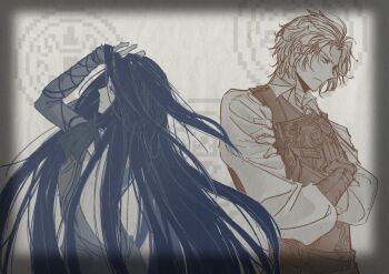 Rule 34 | 1boy, 1girl, albus (castlevania), armor, back tattoo, backless dress, backless outfit, black hair, breastplate, bridal gauntlets, castlevania: order of ecclesia, castlevania (series), collared shirt, crossed arms, dress, fingerless gloves, gloves, grabbing own hair, highres, holding, holding own hair, kelland1986, long hair, long sleeves, puffy long sleeves, puffy sleeves, shanoa (castlevania), shirt, short hair, sketch, tattoo, very long hair, vest