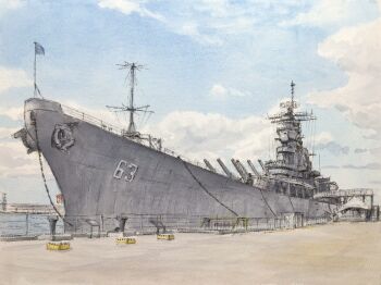 anchor atelier_bono battleship blue_sky cannon cloud commentary_request highres mast military_vehicle museum no_humans original painting_(medium) pearl_harbor pier port radar real_world_location scenery ship ship_turret sky traditional_media united_states_navy uss_missouri_(bb-63) vehicle_focus warship watercolor_(medium) watercraft