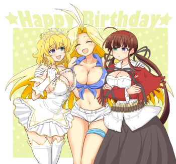 3girls ahoge ammunition_belt antenna_hair black_ribbon black_skirt blonde_hair blue_eyes blue_shirt blunt_bangs blush breasts brown_hair cleavage closed_mouth crossed_arms dress garter_belt gloves green_eyes hair_ribbon hairband hand_on_another's_shoulder happy_birthday heterochromia highres large_breasts long_hair low_twintails marvelous medium_hair midriff multiple_girls parted_bangs red_hairband red_shawl ribbon ryoubi_(senran_kagura) ryouna_(senran_kagura) senran_kagura senran_kagura_new_wave senran_kagura_shinovi_versus shawl shirt short_shorts shorts siblings sisters skirt thigh_strap thighhighs tiara tied_shirt twintails white_dress white_gloves white_shirt white_shorts yoshimitsu_(senran_kagura) yui_(jisatsu)