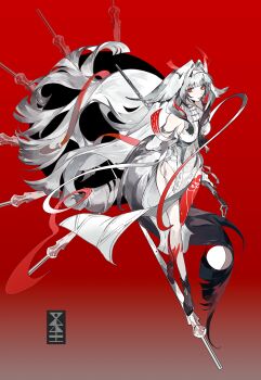 1girl absurdres arm_behind_back chamuwang china_dress chinese_clothes chinese_commentary closed_mouth commentary_request dress floating_hair full_body hair_intakes highres holding holding_weapon limited_palette long_hair looking_at_viewer making-of_available pankou pelvic_curtain red_background red_eyes simple_background solo tail very_long_hair weapon ye_shunguang zenless_zone_zero