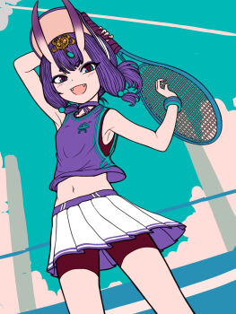 1girl bike_shorts fangs fate/grand_order fate_(series) flat_chest headpiece highres horns looking_at_viewer navel oni open_mouth purple_hair racket short_hair shuten_douji_(fate) skin-covered_horns skirt smile solo sportswear tennis_racket tennis_uniform ttmt