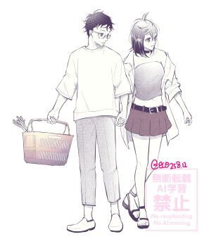 1boy 1girl ayase_momo basket belt belt_buckle black_belt black_choker black_hair black_sandals breasts buckle choker couple dandadan eco_0000 full_body glasses grey_pants hair_between_eyes hetero highres holding holding_basket holding_hands jacket medium_breasts medium_hair messy_hair midriff navel pants parted_lips pleated_skirt round_eyewear sandals shirt shoes shopping shopping_basket short_hair skirt sleeves_rolled_up smile spring_onion strapless takakura_ken_(dandadan) tube_top twitter_username watermark white_background white_jacket white_shirt white_shoes