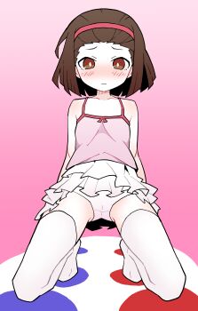 1girl absurdres akableak arms_behind_back bakemonogatari bare_shoulders blush breasts bright_pupils brown_eyes brown_hair cameltoe camisole casual closed_mouth collarbone commentary embarrassed english_commentary frilled_skirt frills from_below gradient_background hair_slicked_back hairband highres kneeling loli looking_at_viewer looking_down monogatari_(series) no_shoes nose_blush panties pantyshot pink_background pink_camisole pink_hairband raised_eyebrows scene_reference sengoku_nadeko skirt small_breasts solo spaghetti_strap teasing thighhighs twister underwear upskirt white_panties white_pupils white_skirt white_thighhighs zettai_ryouiki