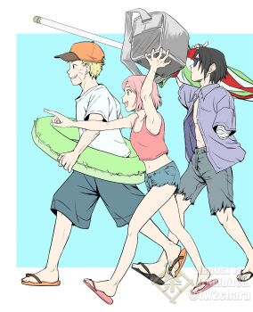Rule 34 | 1girl, 2boys, alternate costume, amputee, bag, baseball cap, beach umbrella, black hair, blonde hair, blue background, blue shorts, border, breasts, camisole, chara no7, collared shirt, commentary request, crop top, denim, denim shorts, facial mark, flip-flops, full body, green eyes, grey bag, grey shorts, grin, haruno sakura, hat, highres, holding, holding bag, holding swim ring, holding umbrella, innertube, medium breasts, midriff, multiple boys, naruto (series), naruto shippuuden, navel, open clothes, open mouth, open shirt, orange hat, parted bangs, pink camisole, pink hair, pointing, purple shirt, sandals, shirt, short hair, shorts, smile, spiked hair, sunglasses, swim ring, t-shirt, teeth, torn clothes, torn shirt, twitter username, uchiha sasuke, umbrella, uzumaki naruto, walking, whisker markings, white border, white shirt