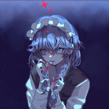 1girl black_vest blue_eyes braid commentary_request cross expressionless highres izayoi_sakuya long_sleeves maid maid_headdress medium_hair nail_polish red_nails shi_chimi shirt slit_pupils solo star_(symbol) touhou twin_braids upper_body vest white_hair white_shirt