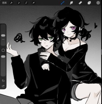 1boy 1girl andrew_graves art_program_in_frame ashley_graves bare_legs bare_shoulders black_choker black_hair black_shirt breasts brother_and_sister chinese_commentary choker cleavage closed_mouth commentary commentary_request cowboy_shot double-parted_bangs english_commentary feet_out_of_frame green_eyes grey_pants grey_shorts hair_between_eyes hair_tie hand_up hands_up heart highres hug hug_from_behind hunluanmaodunti jitome long_sleeves looking_at_viewer low_ponytail mixed-language_commentary off-shoulder_shirt off_shoulder pants paper_texture parted_lips pink_eyes ponytail procreate_(software) puffy_long_sleeves puffy_sleeves screencap shirt short_hair short_ponytail shorts siblings sitting sleeves_past_wrists small_breasts smile squiggle swept_bangs the_coffin_of_andy_and_leyley