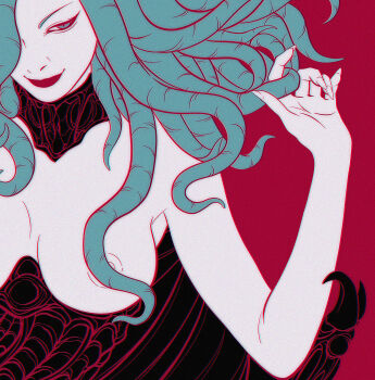 1girl berserk black_corset breasts completely_nude corset covered_erect_nipples demon_girl demon_wings green_eyes kwnblack large_breasts long_hair looking_at_viewer nude pink_background slan_(berserk) slit_pupils solo tentacle_hair wings