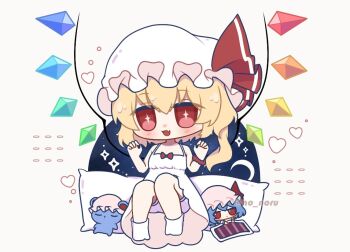 +_+ 2girls alternate_costume blonde_hair bloomers blue_hair blush body_pillow chibi chibi_only claw_pose commentary crystal crystal_wings dress english_commentary fang flandre_scarlet full_body hat heart mini_person minigirl mixed-language_commentary mob_cap multicolored_wings multiple_girls no_noru one_side_up open_mouth pillow pink_hat red_eyes remilia_scarlet siblings sisters skin_fang sleeveless sleeveless_dress smile socks touhou twitter_username under_covers underwear white_bloomers white_dress white_hat white_socks wings