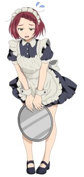 1girl braid brown_hair flying_sweatdrops full_body gogottu2000 komari_chika maid maid_headdress make_heroine_ga_oo_sugiru! mary_janes shoes short_hair short_sleeves simple_background solo standing tray waitress white_background white_wrist_cuffs wrist_cuffs